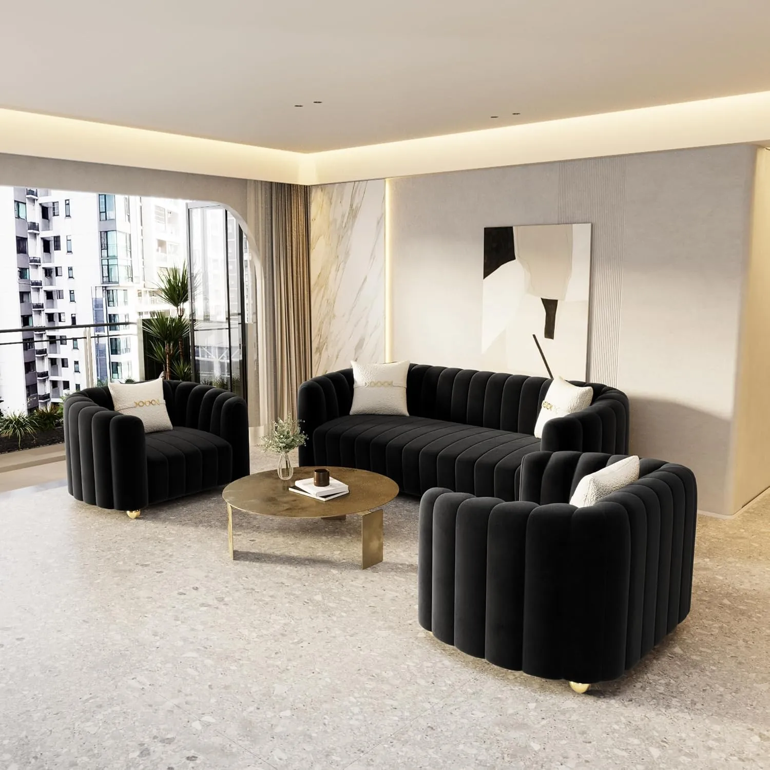 83'' Velvet Sofa Set for Living Room Modern Comfy Chesterfield Tufted Couch 3-Seater Apartment Sofa with 2 Pillows & Golden Metal Legs