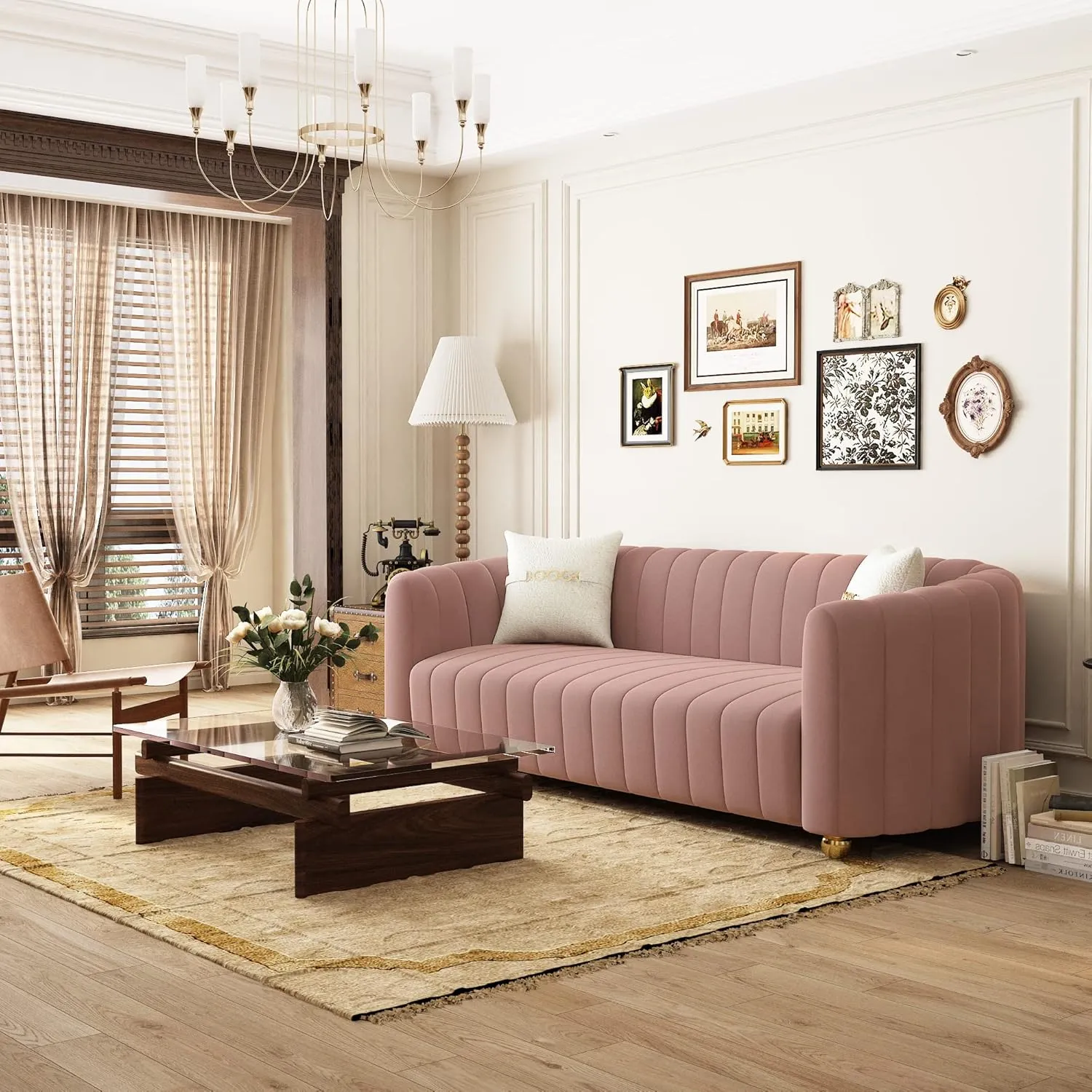 83'' Velvet Sofa Set for Living Room Modern Comfy Chesterfield Tufted Couch 3-Seater Apartment Sofa with 2 Pillows & Golden Metal Legs