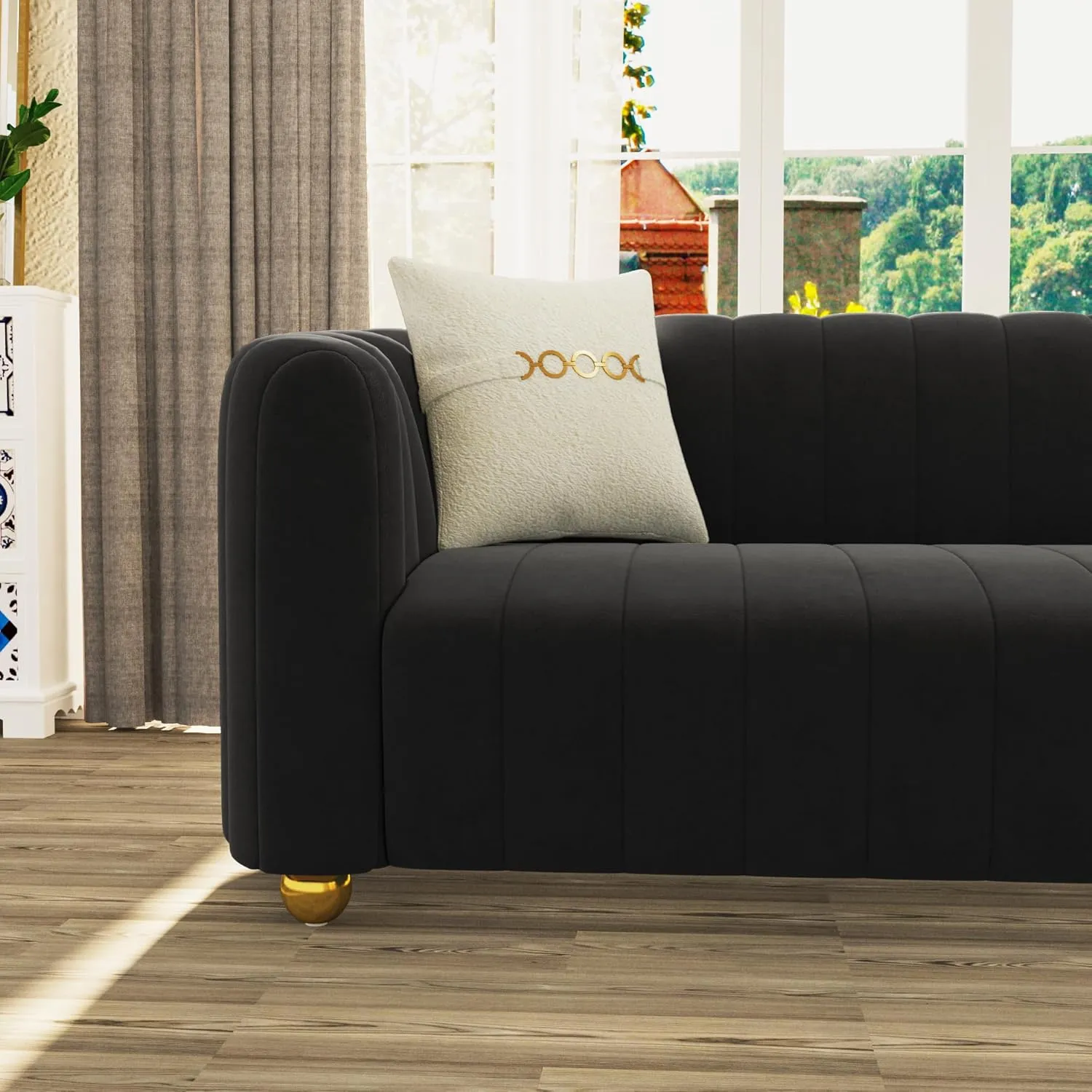 83'' Velvet Sofa Set for Living Room Modern Comfy Chesterfield Tufted Couch 3-Seater Apartment Sofa with 2 Pillows & Golden Metal Legs