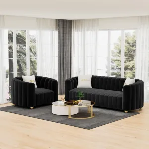 83'' Velvet Sofa Set for Living Room Modern Comfy Chesterfield Tufted Couch 3-Seater Apartment Sofa with 2 Pillows & Golden Metal Legs