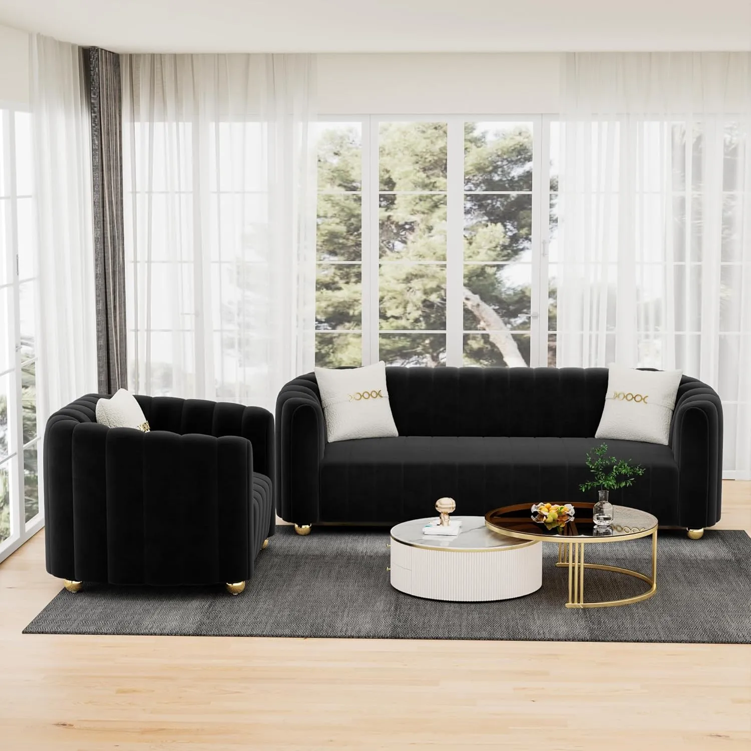 83'' Velvet Sofa Set for Living Room Modern Comfy Chesterfield Tufted Couch 3-Seater Apartment Sofa with 2 Pillows & Golden Metal Legs