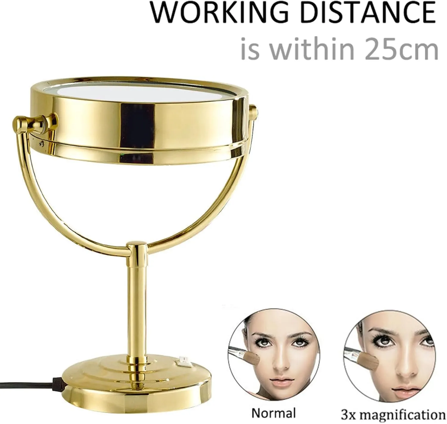 8.5 Inch Plug in Tabletop LED Lighted Makeup Mirror, Double Side Rotation Cosmetic Mirror, Magnification HD Shaving Mirror, Countertop Standing Vanity Mirror for Hotel,Gold,3X