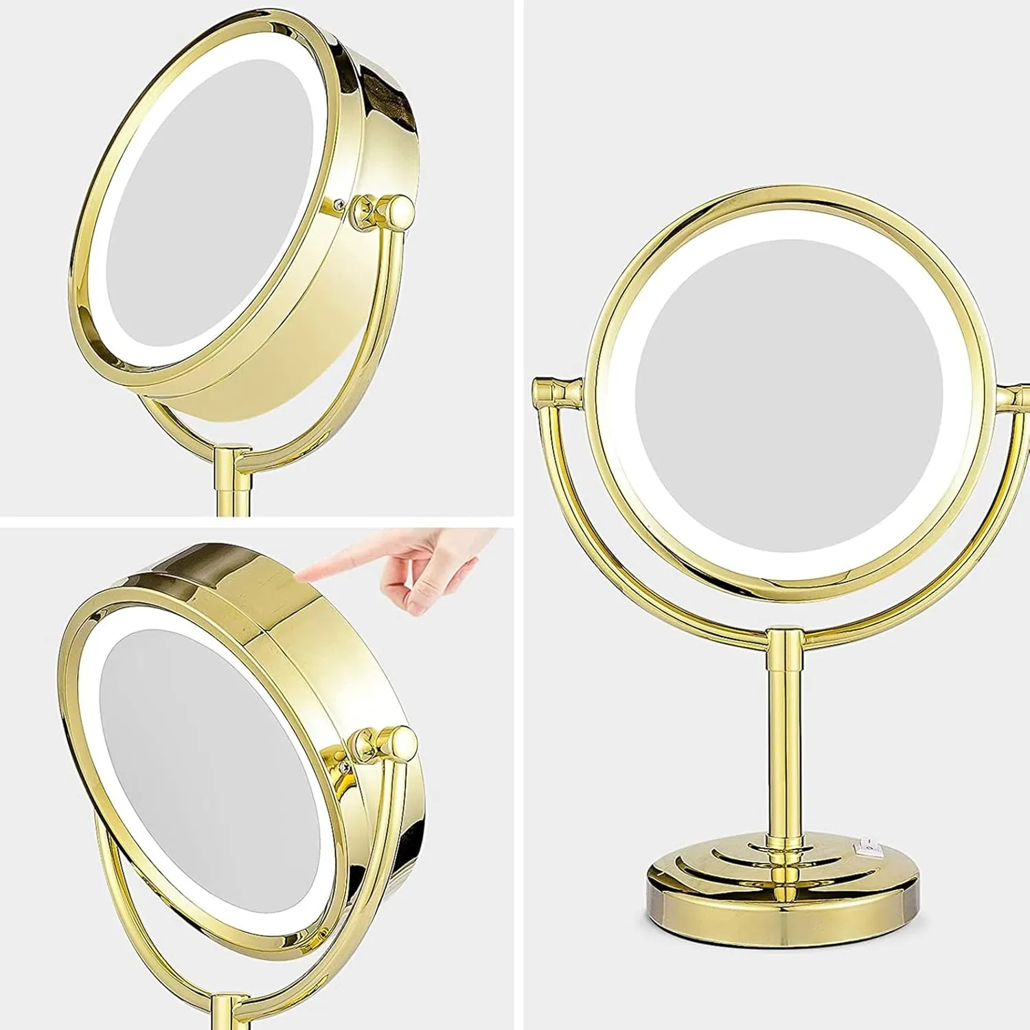8.5 Inch Plug in Tabletop LED Lighted Makeup Mirror, Double Side Rotation Cosmetic Mirror, Magnification HD Shaving Mirror, Countertop Standing Vanity Mirror for Hotel,Gold,3X