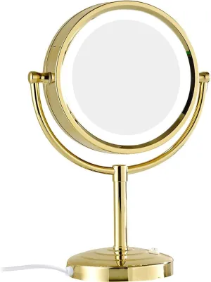 8.5 Inch Plug in Tabletop LED Lighted Makeup Mirror, Double Side Rotation Cosmetic Mirror, Magnification HD Shaving Mirror, Countertop Standing Vanity Mirror for Hotel,Gold,3X