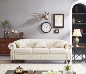 85.8" Tufted Leather Chesterfield Sofa with Storage, PU Chesterfield Couch with 3 Seats, Modern Chesterfield Sofa with Rolled Arm, Button Tufted Sofa for Living Room, Ivory