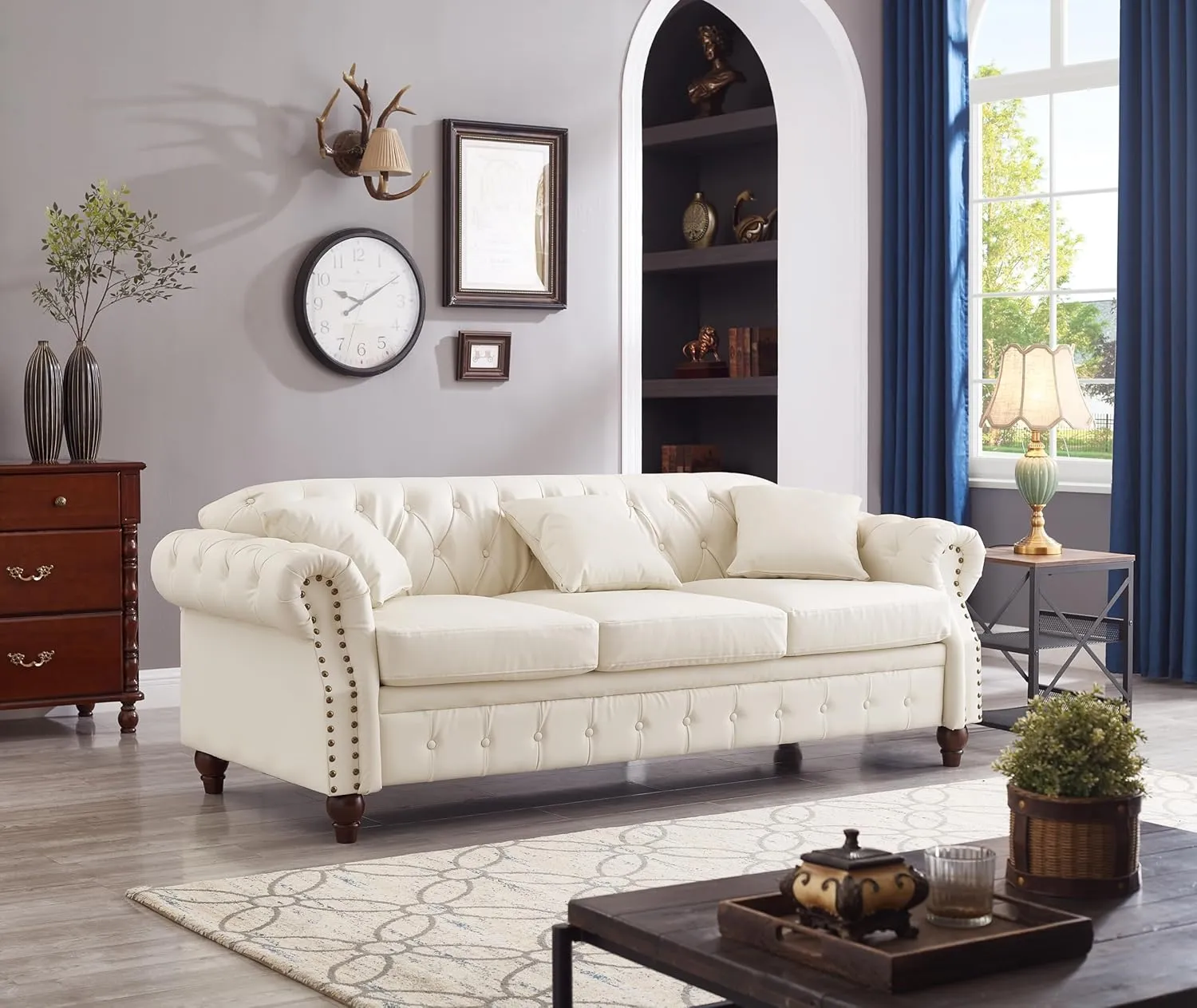 85.8" Tufted Leather Chesterfield Sofa with Storage, PU Chesterfield Couch with 3 Seats, Modern Chesterfield Sofa with Rolled Arm, Button Tufted Sofa for Living Room, Ivory