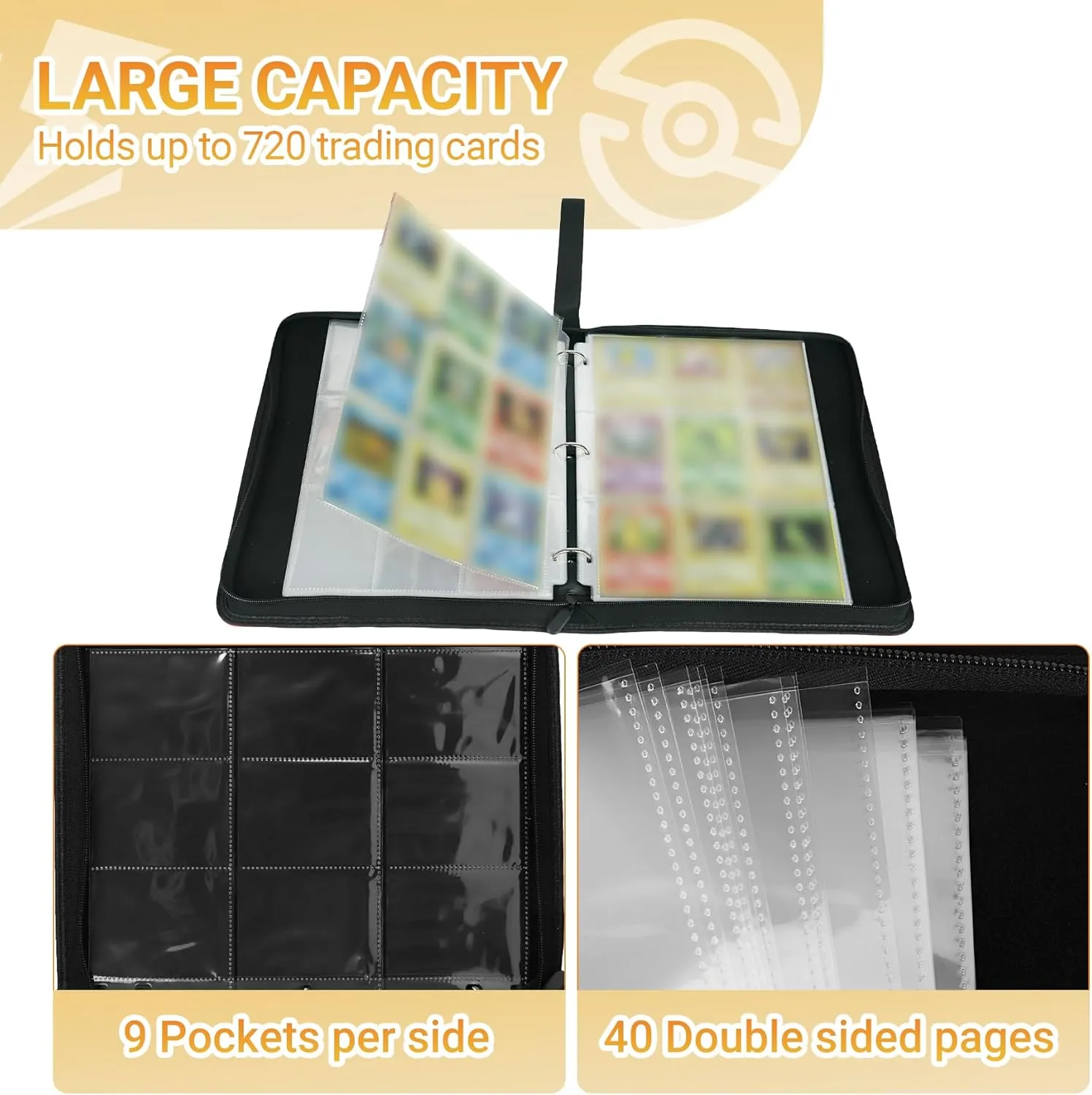 9-Pocket Trading Card Binder, Holds 360 Cards, Zippered PU Leather Collector Album with Side-Loading Sleeves, Card Holder Book for MTG, TCG, YuGiOh, and Sports Cards