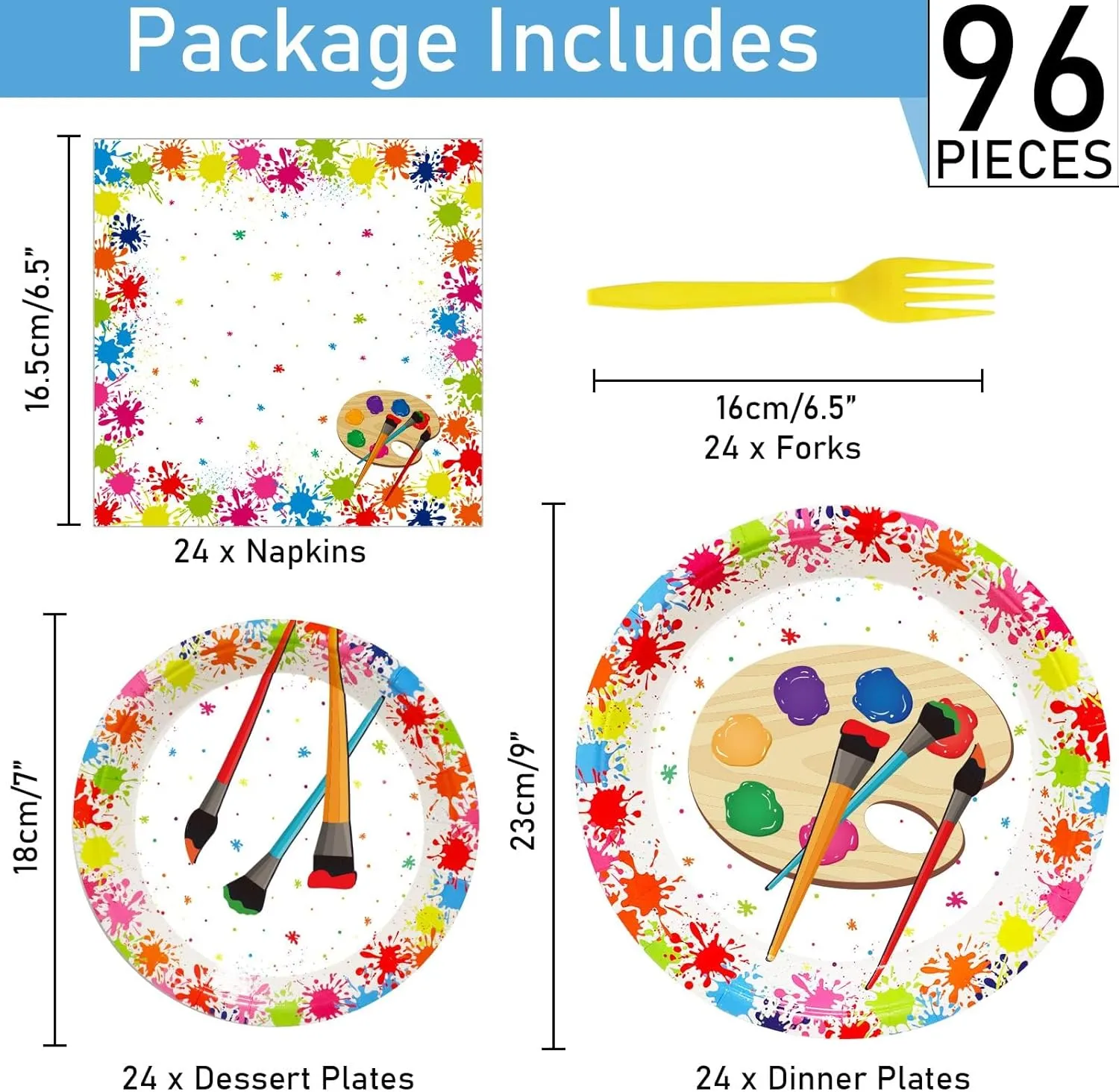 96 Pcs Art Plates and Napkins Party Supplies Paint Tableware Set Painting Theme Party Decorations Favors for Art Paint Birthday Baby Shower Serves 24