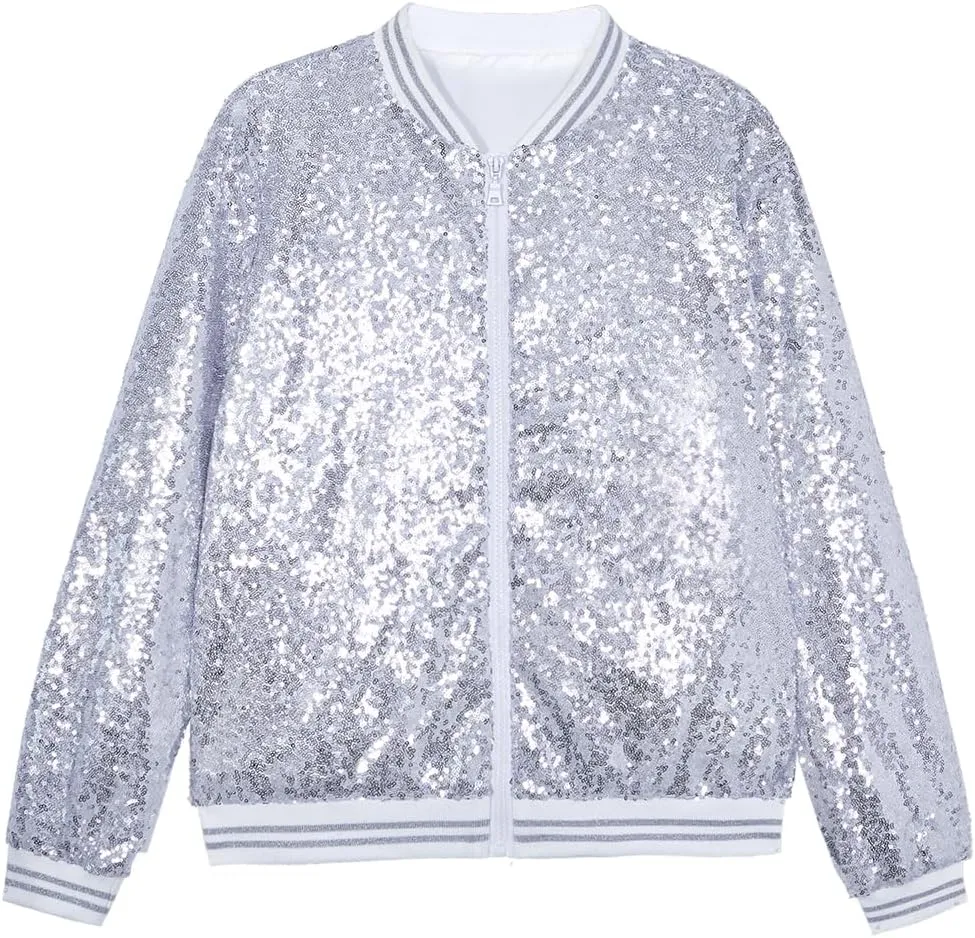 A ARFAR Women Sequin Jackets Striped Collar Glitter Varsity Bomber Sparkly Coat Party Outwear Lightweight Ladies Cloth
