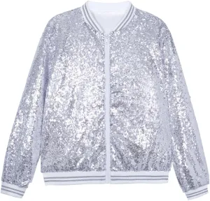 A ARFAR Women Sequin Jackets Striped Collar Glitter Varsity Bomber Sparkly Coat Party Outwear Lightweight Ladies Cloth