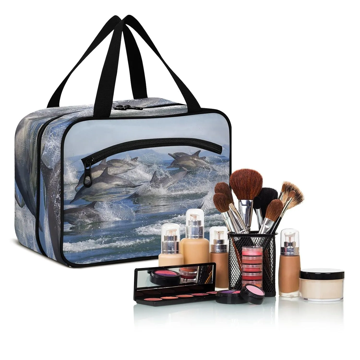 A Group of Dolphins with Long Beaks Jumped out of the Water 1 PC Hanging Travel Wash bag with Handles, Portable Makeup Organizer Brush Storage Case Portable Travel Cosmetic with Hook M