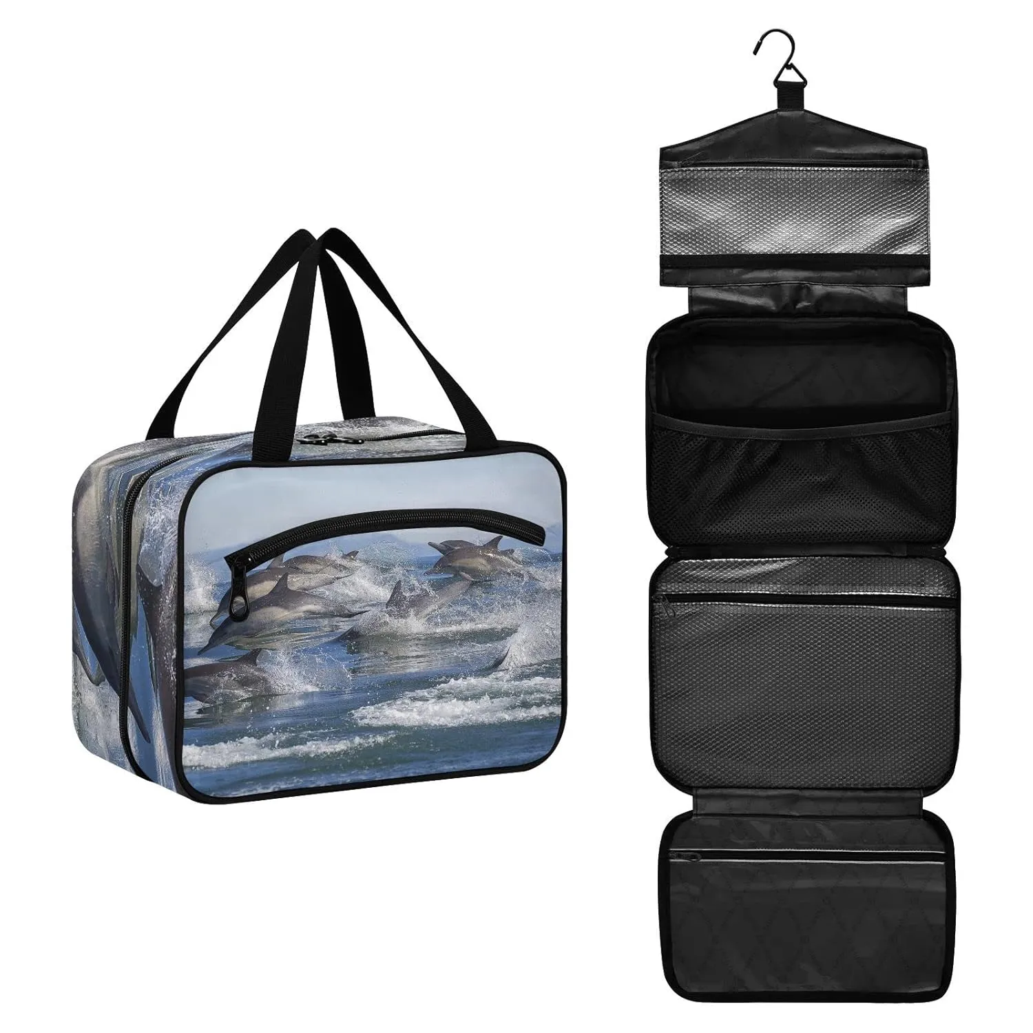 A Group of Dolphins with Long Beaks Jumped out of the Water 1 PC Hanging Travel Wash bag with Handles, Portable Makeup Organizer Brush Storage Case Portable Travel Cosmetic with Hook M