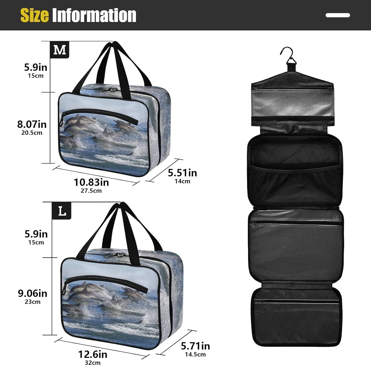 A Group of Dolphins with Long Beaks Jumped out of the Water 1 PC Hanging Travel Wash bag with Handles, Portable Makeup Organizer Brush Storage Case Portable Travel Cosmetic with Hook M