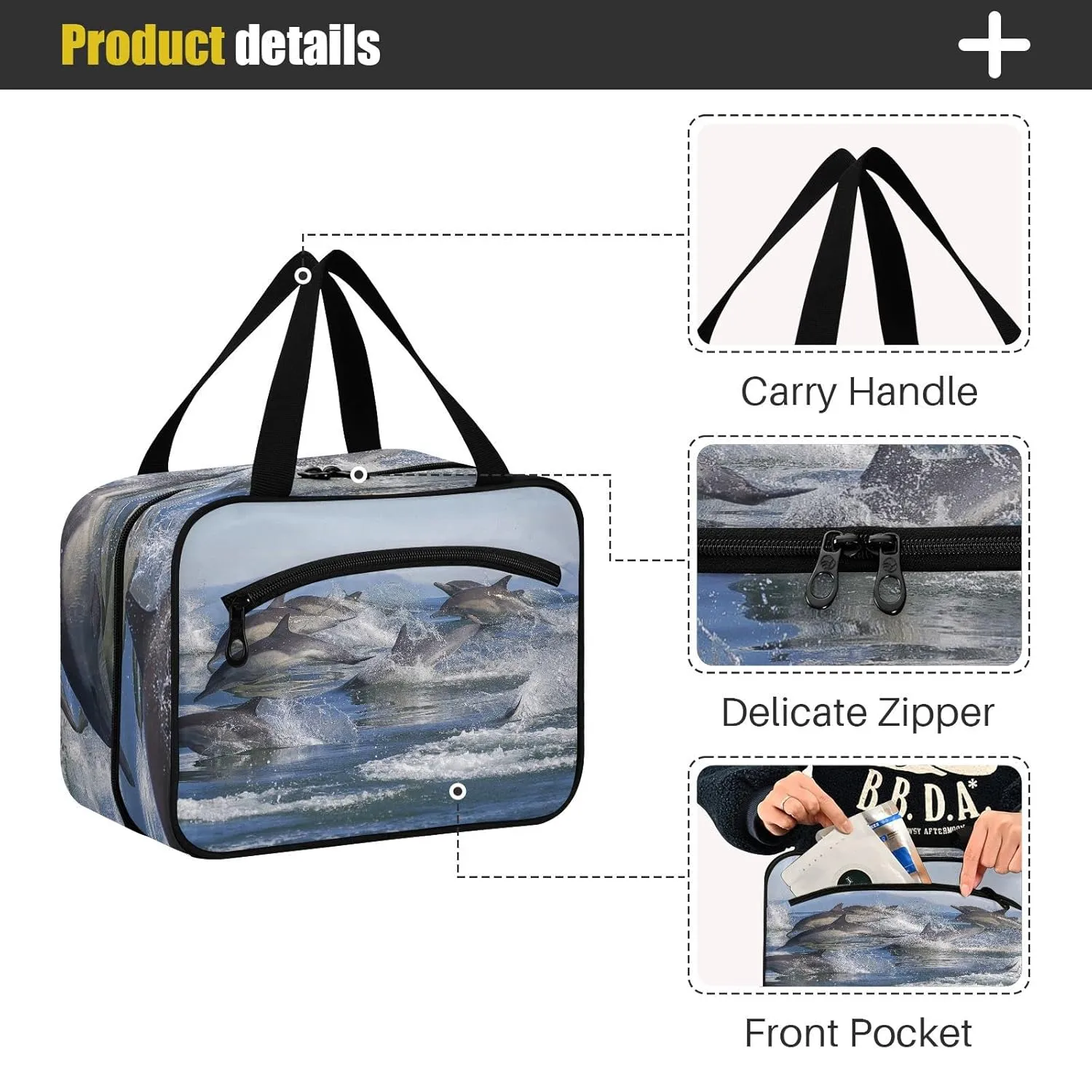 A Group of Dolphins with Long Beaks Jumped out of the Water 1 PC Hanging Travel Wash bag with Handles, Portable Makeup Organizer Brush Storage Case Portable Travel Cosmetic with Hook M