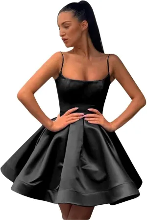 A-line Satin Homecoming Dress Spaghetti Straps for Women, Short Square Neck Cocktail Dress Sleeveless Prom Dress