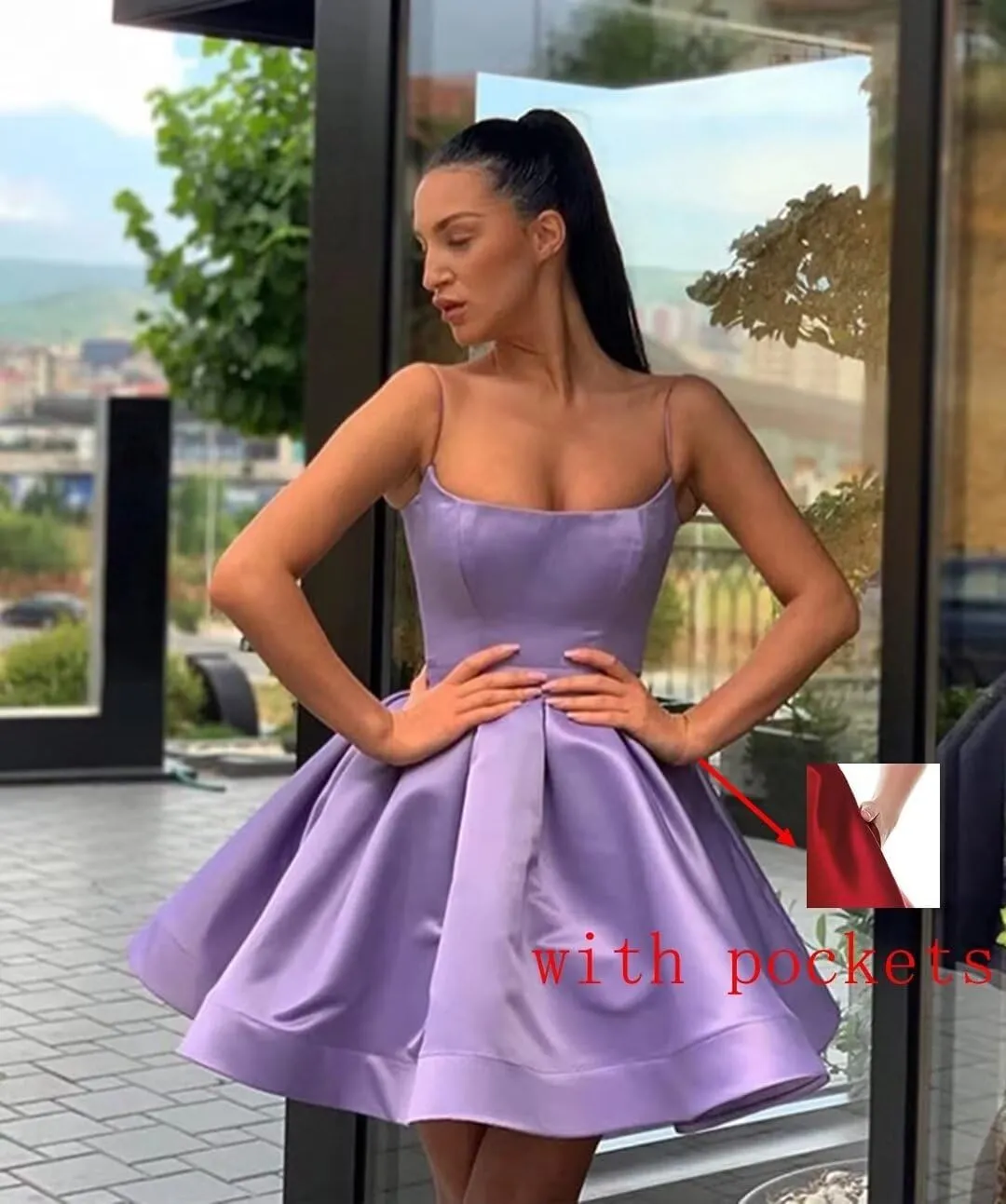 A-line Satin Homecoming Dress Spaghetti Straps for Women, Short Square Neck Cocktail Dress Sleeveless Prom Dress