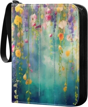 Abstract Flower Painting Card Binder with Double Sided PU Leather Holder Albums Book with 400 Pockets for Collectible Trading Card Games Card