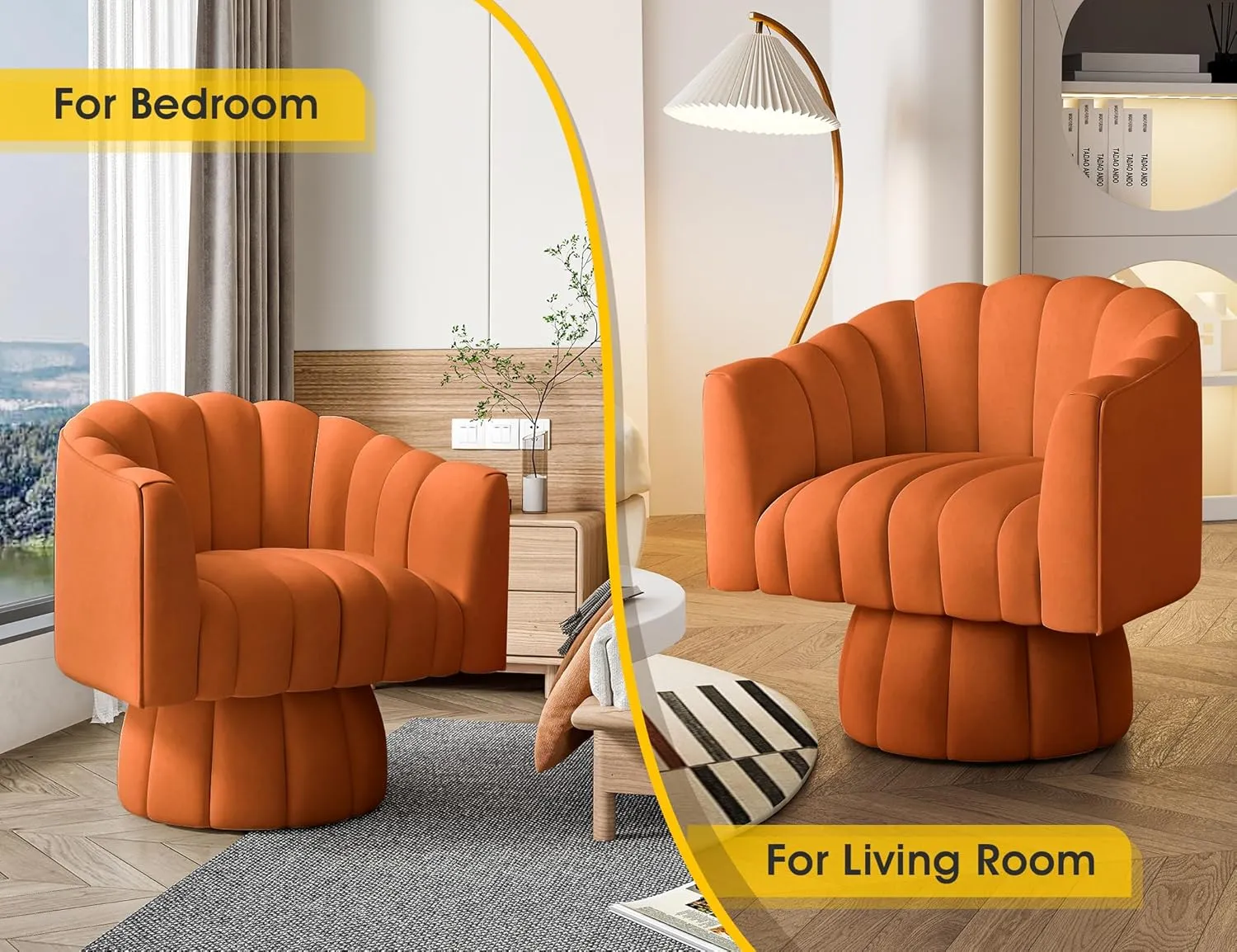 Accent Chair Mid Century 360 Degree Swivel Chair,Modern Lounge Sofa Round Barrel Chair with Wide Upholstered,Fluffy Velvet Fabric Chairs for Home Sofa Living Room/Bedroom/Waiting Room (Orange)