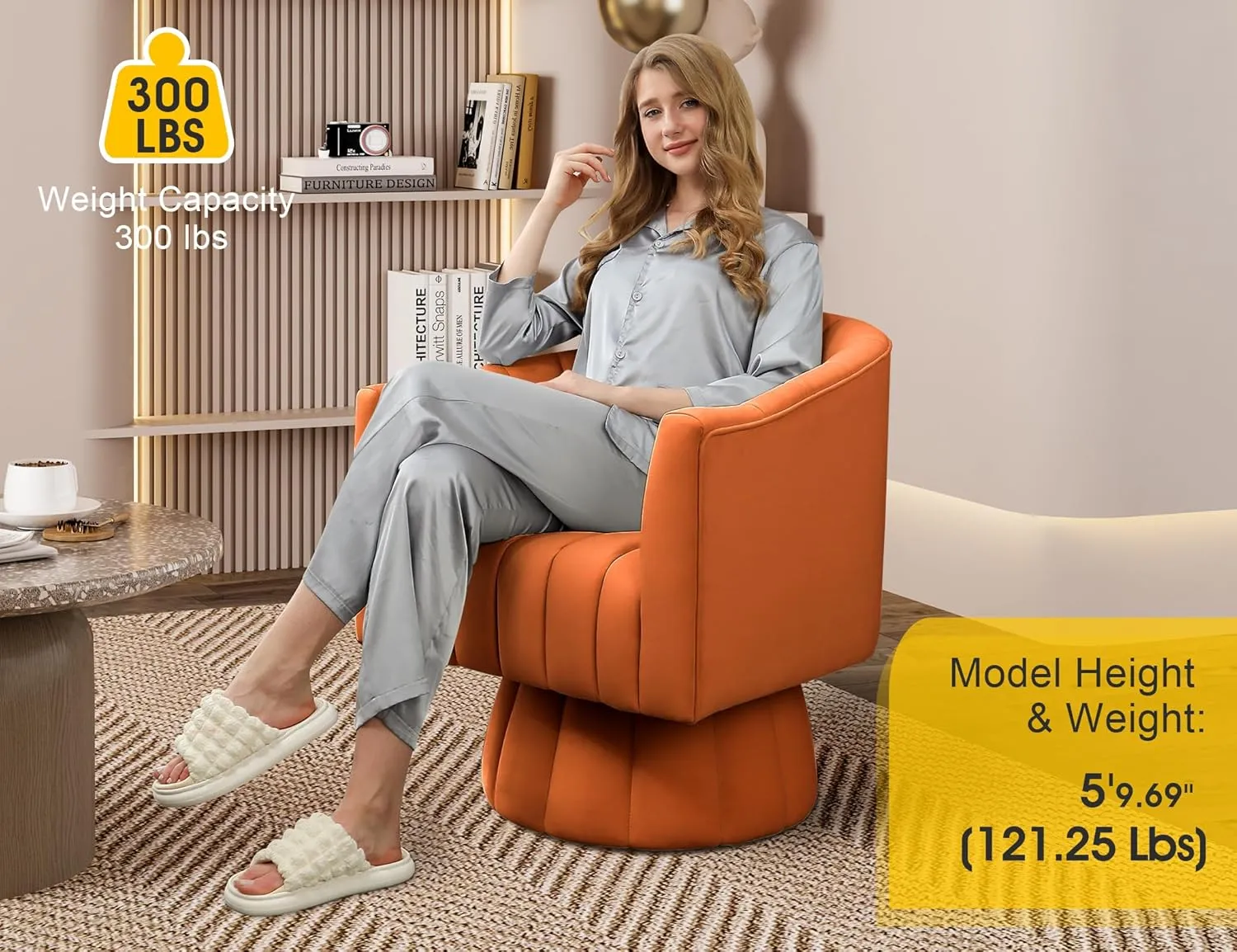 Accent Chair Mid Century 360 Degree Swivel Chair,Modern Lounge Sofa Round Barrel Chair with Wide Upholstered,Fluffy Velvet Fabric Chairs for Home Sofa Living Room/Bedroom/Waiting Room (Orange)