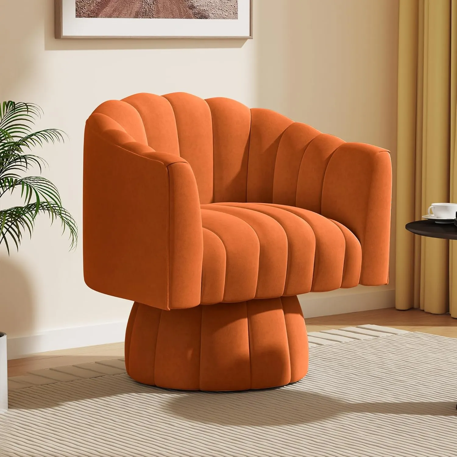Accent Chair Mid Century 360 Degree Swivel Chair,Modern Lounge Sofa Round Barrel Chair with Wide Upholstered,Fluffy Velvet Fabric Chairs for Home Sofa Living Room/Bedroom/Waiting Room (Orange)