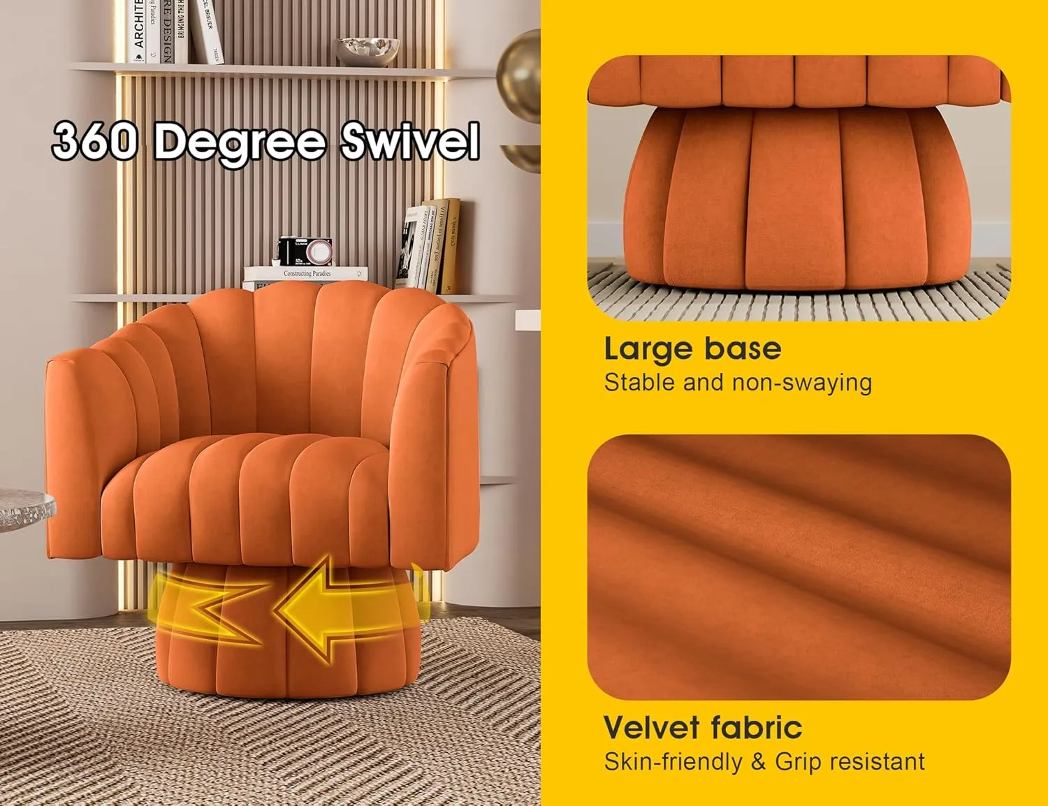 Accent Chair Mid Century 360 Degree Swivel Chair,Modern Lounge Sofa Round Barrel Chair with Wide Upholstered,Fluffy Velvet Fabric Chairs for Home Sofa Living Room/Bedroom/Waiting Room (Orange)