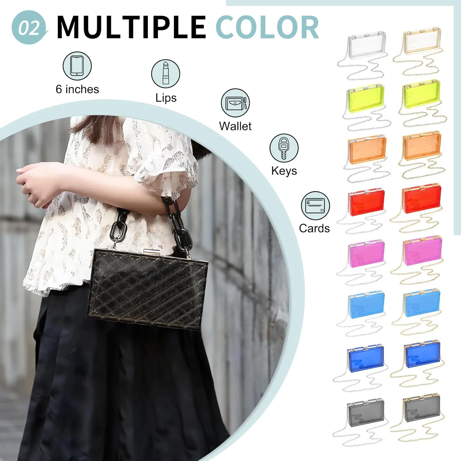 Acrylic Clear Evening Clutch Bag for Women, Shoulder Handbags Neon Hard Frame with Chains Party Purse for Wedding Prom Party (Transparent, Silver)