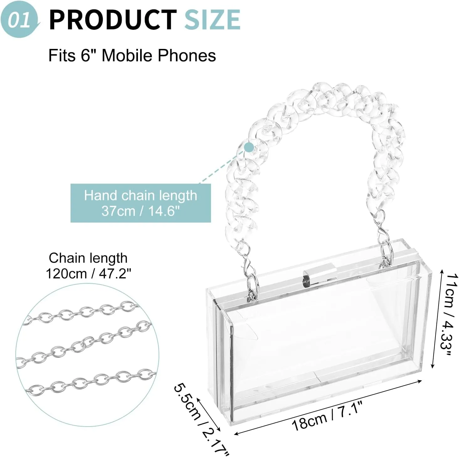 Acrylic Clear Evening Clutch Bag for Women, Shoulder Handbags Neon Hard Frame with Chains Party Purse for Wedding Prom Party (Transparent, Silver)