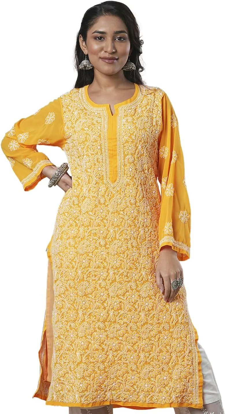 Ada Handcrafted Chikankari Faux Georgette Kurti Kurta A95504, Yellow, XXX-Large