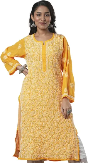 Ada Handcrafted Chikankari Faux Georgette Kurti Kurta A95504, Yellow, XXX-Large