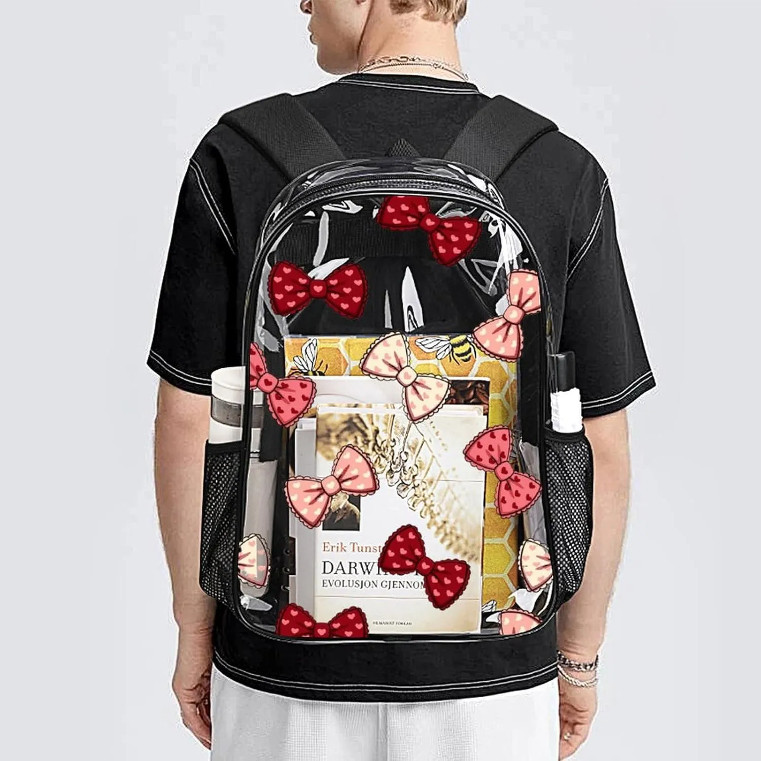 Adorable Bow Cute Heavy Duty Clear Backpack for Women Men Large Capacity Transparent See Through Bag for Concert Stadium Events with Waterproof PVC