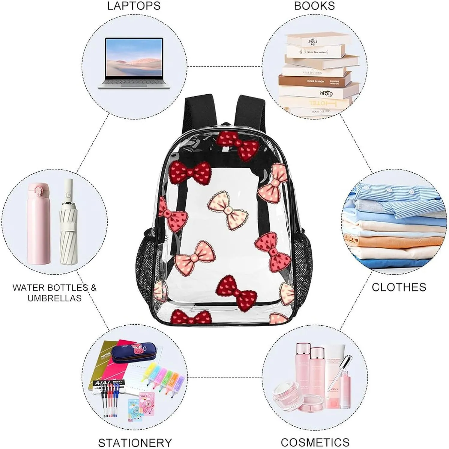 Adorable Bow Cute Heavy Duty Clear Backpack for Women Men Large Capacity Transparent See Through Bag for Concert Stadium Events with Waterproof PVC