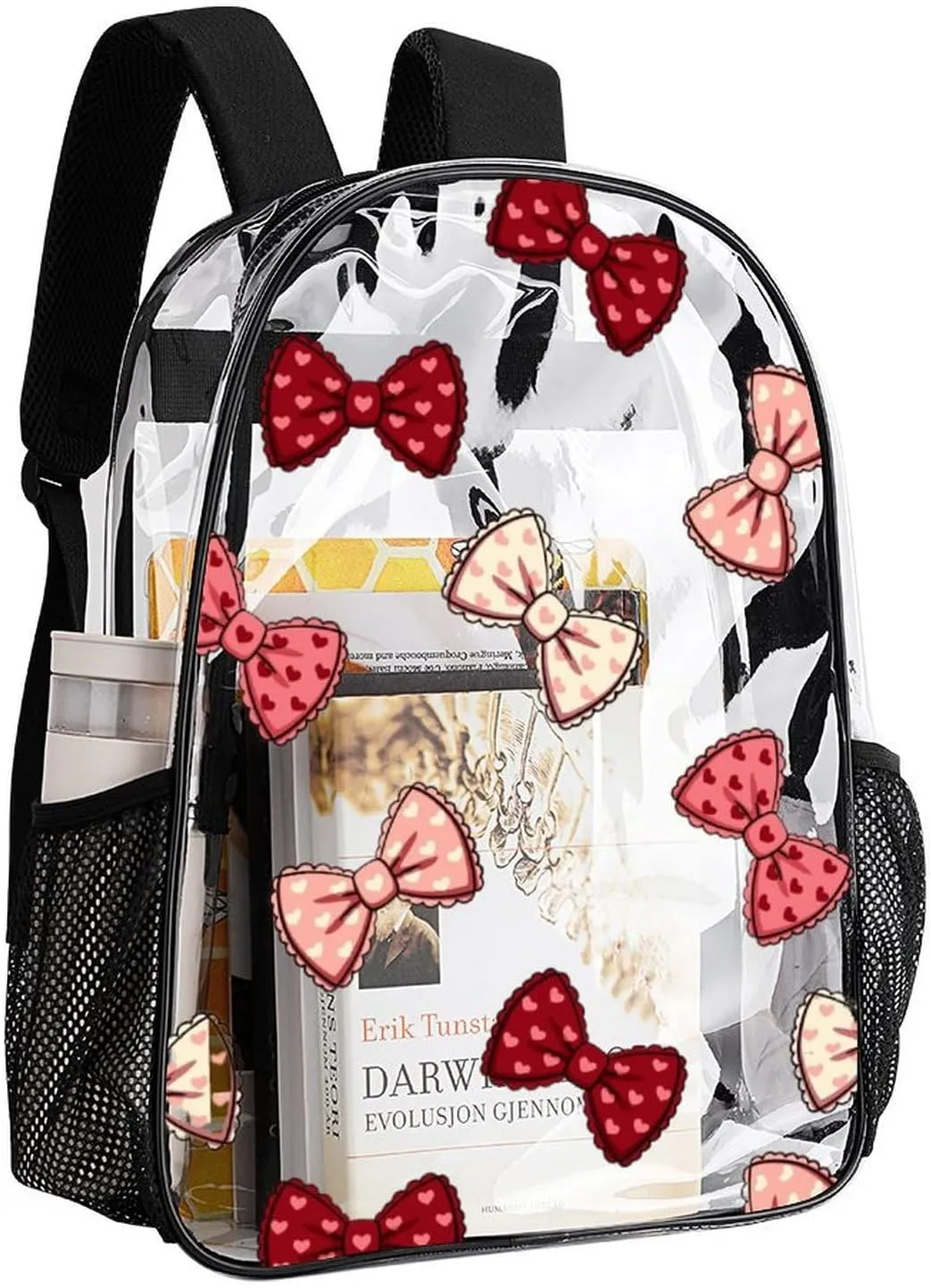 Adorable Bow Cute Heavy Duty Clear Backpack for Women Men Large Capacity Transparent See Through Bag for Concert Stadium Events with Waterproof PVC