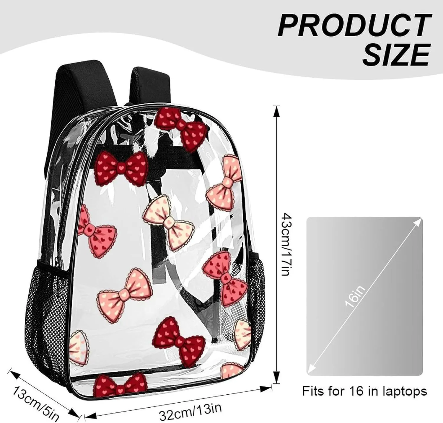 Adorable Bow Cute Heavy Duty Clear Backpack for Women Men Large Capacity Transparent See Through Bag for Concert Stadium Events with Waterproof PVC