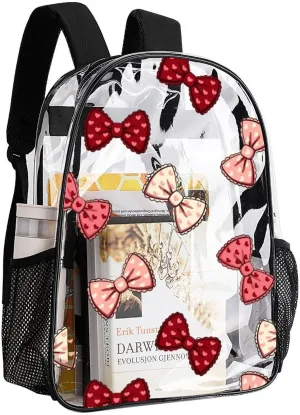 Adorable Bow Cute Heavy Duty Clear Backpack for Women Men Large Capacity Transparent See Through Bag for Concert Stadium Events with Waterproof PVC