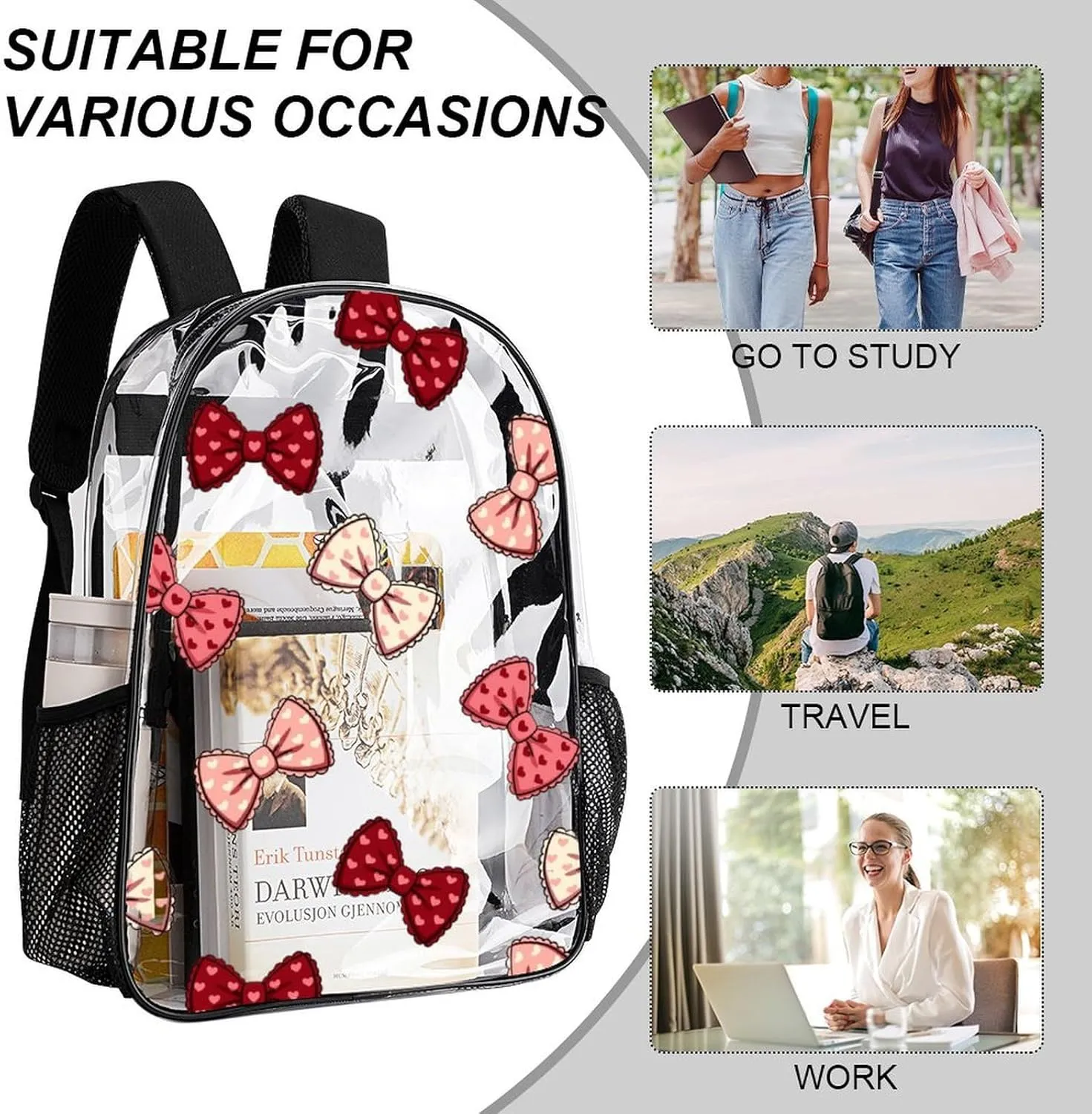 Adorable Bow Cute Heavy Duty Clear Backpack for Women Men Large Capacity Transparent See Through Bag for Concert Stadium Events with Waterproof PVC
