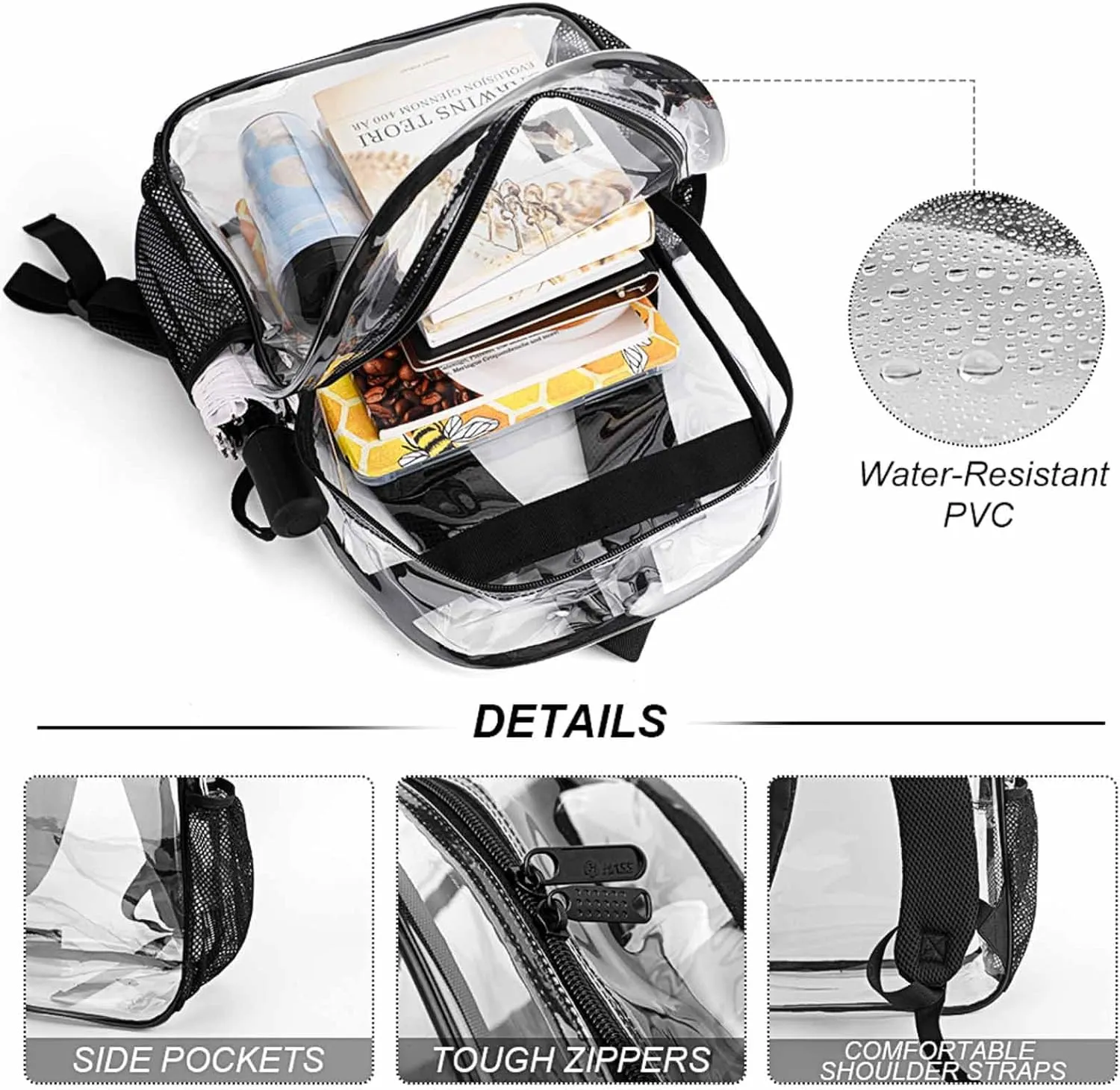 Adorable Bow Cute Heavy Duty Clear Backpack for Women Men Large Capacity Transparent See Through Bag for Concert Stadium Events with Waterproof PVC