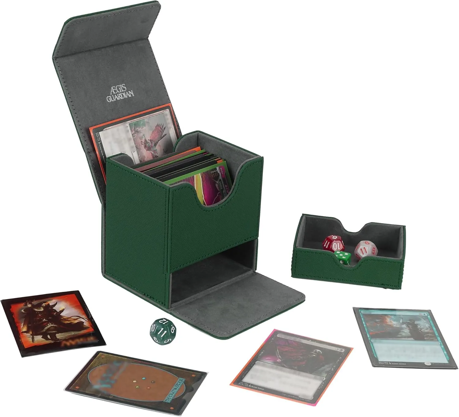 AEGIS GUARDIAN Card Deck Box with Dice Tray for MTG Cards, Commander Deck Box fit 150  Sleeved Cards, PU Leather Card Storage Box Strong Magnet Deck Game Case for TCG CCG, Green