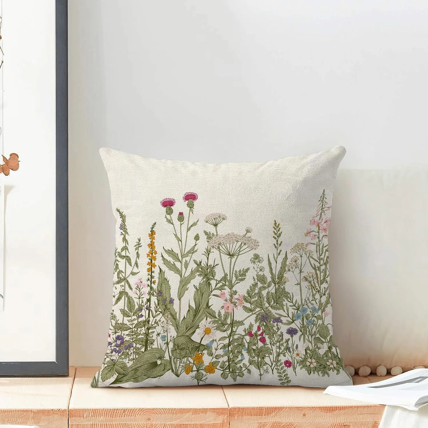 AEIOAE Sage Green Pillow Covers 18x18 Inch Set of 2, Spring Wildflower Plant Throw Pillows Case,Seasonal Floral Outdoor Decorative Flowers Farmhouse Decor Cushion Covers for Home Sofa Bed Couch