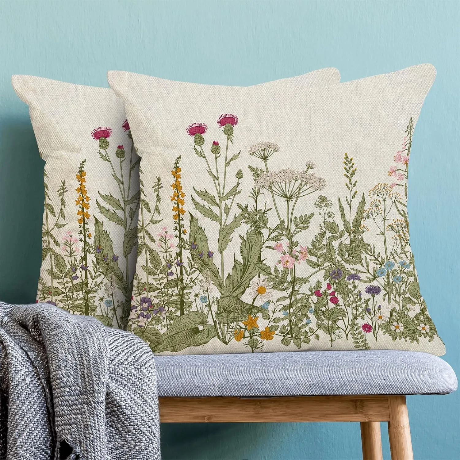 AEIOAE Sage Green Pillow Covers 18x18 Inch Set of 2, Spring Wildflower Plant Throw Pillows Case,Seasonal Floral Outdoor Decorative Flowers Farmhouse Decor Cushion Covers for Home Sofa Bed Couch