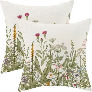 AEIOAE Sage Green Pillow Covers 18x18 Inch Set of 2, Spring Wildflower Plant Throw Pillows Case,Seasonal Floral Outdoor Decorative Flowers Farmhouse Decor Cushion Covers for Home Sofa Bed Couch