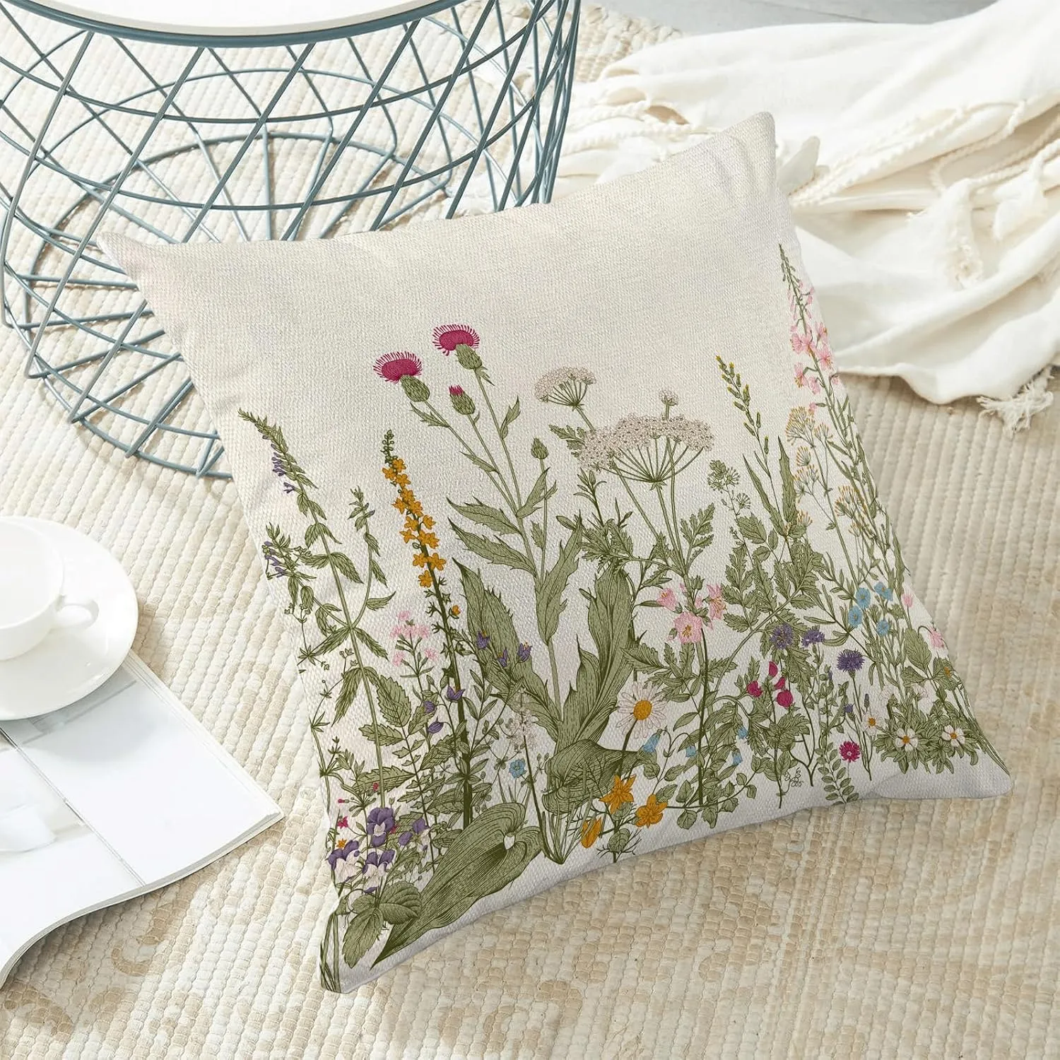 AEIOAE Sage Green Pillow Covers 18x18 Inch Set of 2, Spring Wildflower Plant Throw Pillows Case,Seasonal Floral Outdoor Decorative Flowers Farmhouse Decor Cushion Covers for Home Sofa Bed Couch