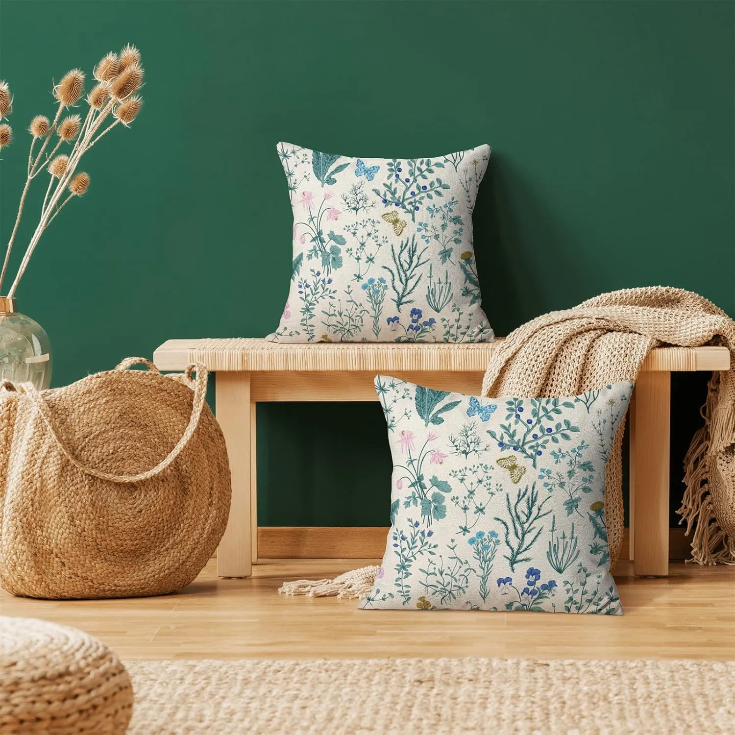 AEIOAE Spring Pillow Covers 18x18 Inch Set of 2,Blue Teal Wild Flower Plant Throw Pillows Case,Seasonal Floral Outdoor Decorative Square Linen Farmhouse Decor Cushion Covers for Home Sofa Bed Couch