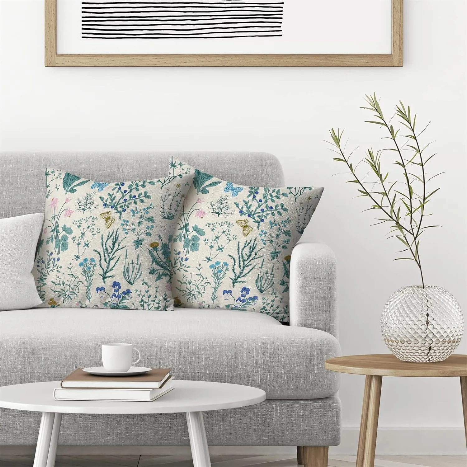 AEIOAE Spring Pillow Covers 18x18 Inch Set of 2,Blue Teal Wild Flower Plant Throw Pillows Case,Seasonal Floral Outdoor Decorative Square Linen Farmhouse Decor Cushion Covers for Home Sofa Bed Couch