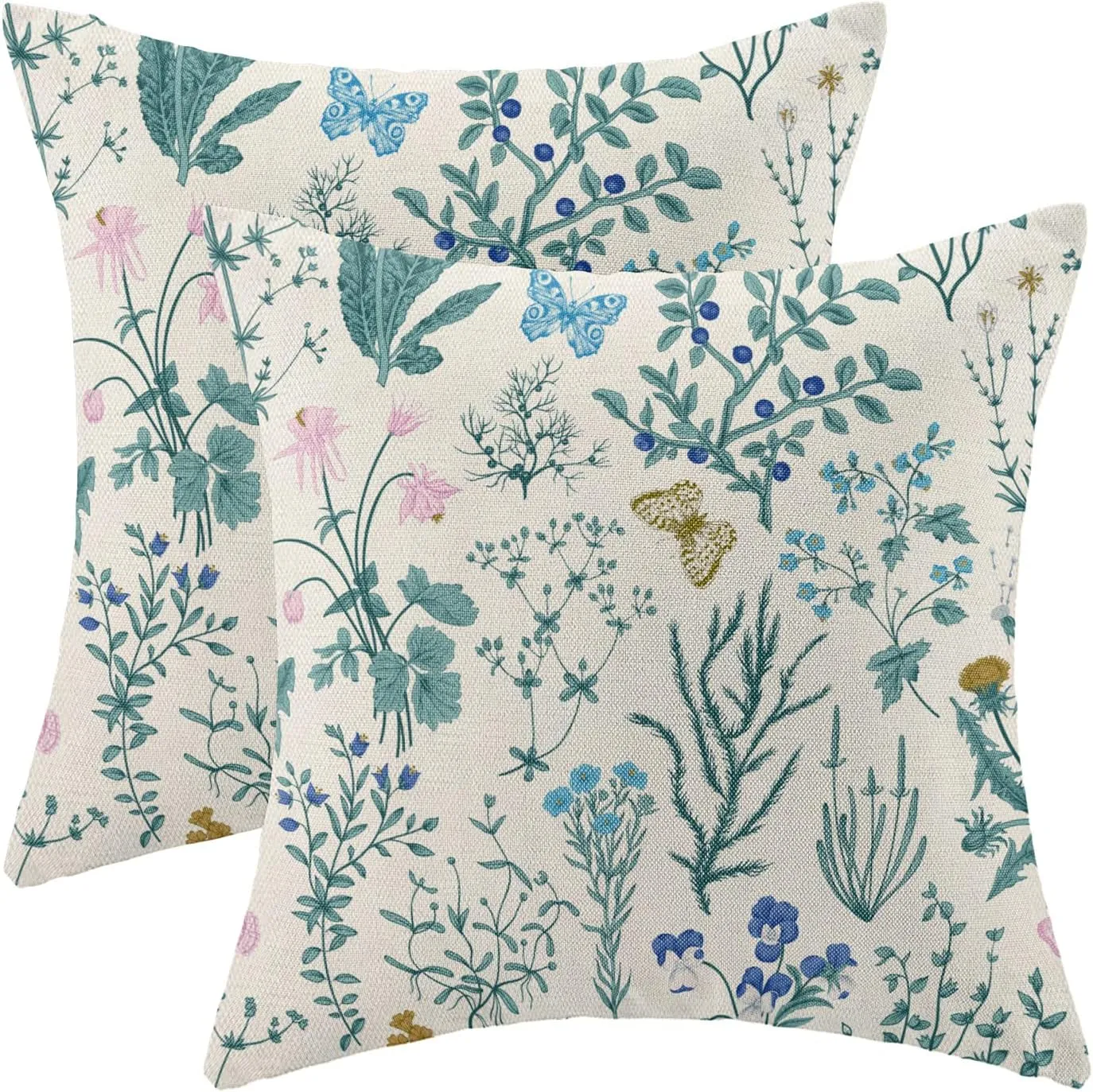 AEIOAE Spring Pillow Covers 18x18 Inch Set of 2,Blue Teal Wild Flower Plant Throw Pillows Case,Seasonal Floral Outdoor Decorative Square Linen Farmhouse Decor Cushion Covers for Home Sofa Bed Couch
