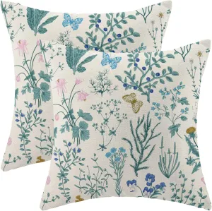 AEIOAE Spring Pillow Covers 18x18 Inch Set of 2,Blue Teal Wild Flower Plant Throw Pillows Case,Seasonal Floral Outdoor Decorative Square Linen Farmhouse Decor Cushion Covers for Home Sofa Bed Couch
