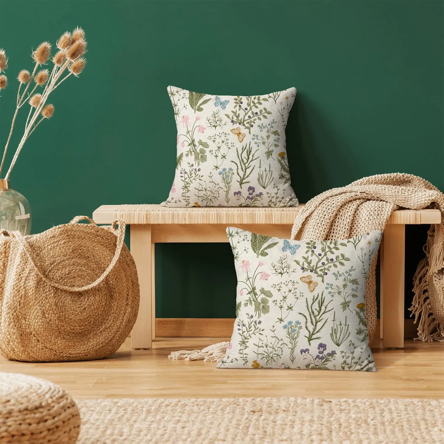 AEIOAE Spring Pillow Covers 18x18 Inch Set of 2,Sage Green Wild Flower Plant Throw Pillows Case,Seasonal Floral Outdoor Decorative Square Linen Farmhouse Decor Cushion Covers for Home Sofa Bed Couch