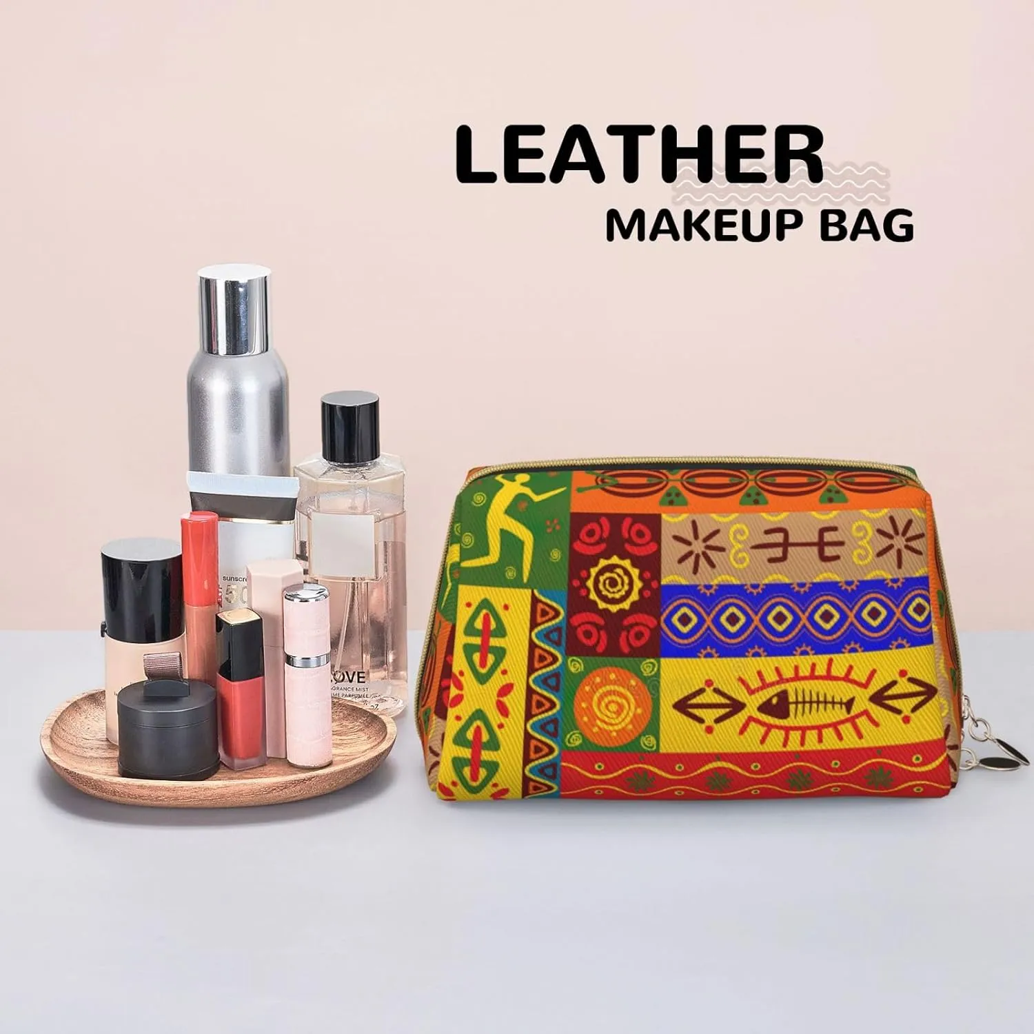 African National Patterns Print Cosmetic Bags,Leather Makeup Bag Small For Purse,Cosmetic Pouch,Toiletry Clutch For Women Travel