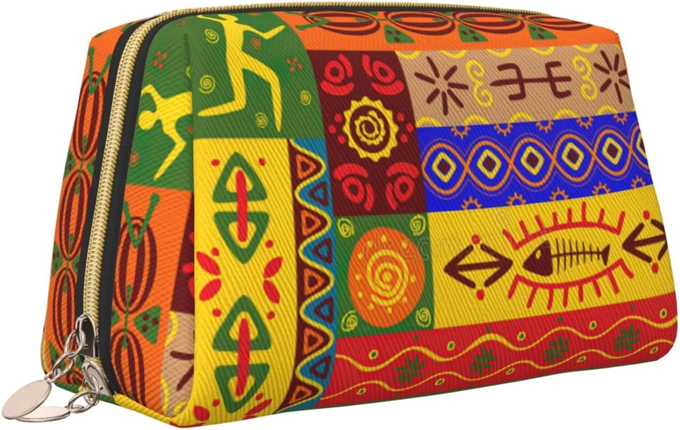 African National Patterns Print Cosmetic Bags,Leather Makeup Bag Small For Purse,Cosmetic Pouch,Toiletry Clutch For Women Travel