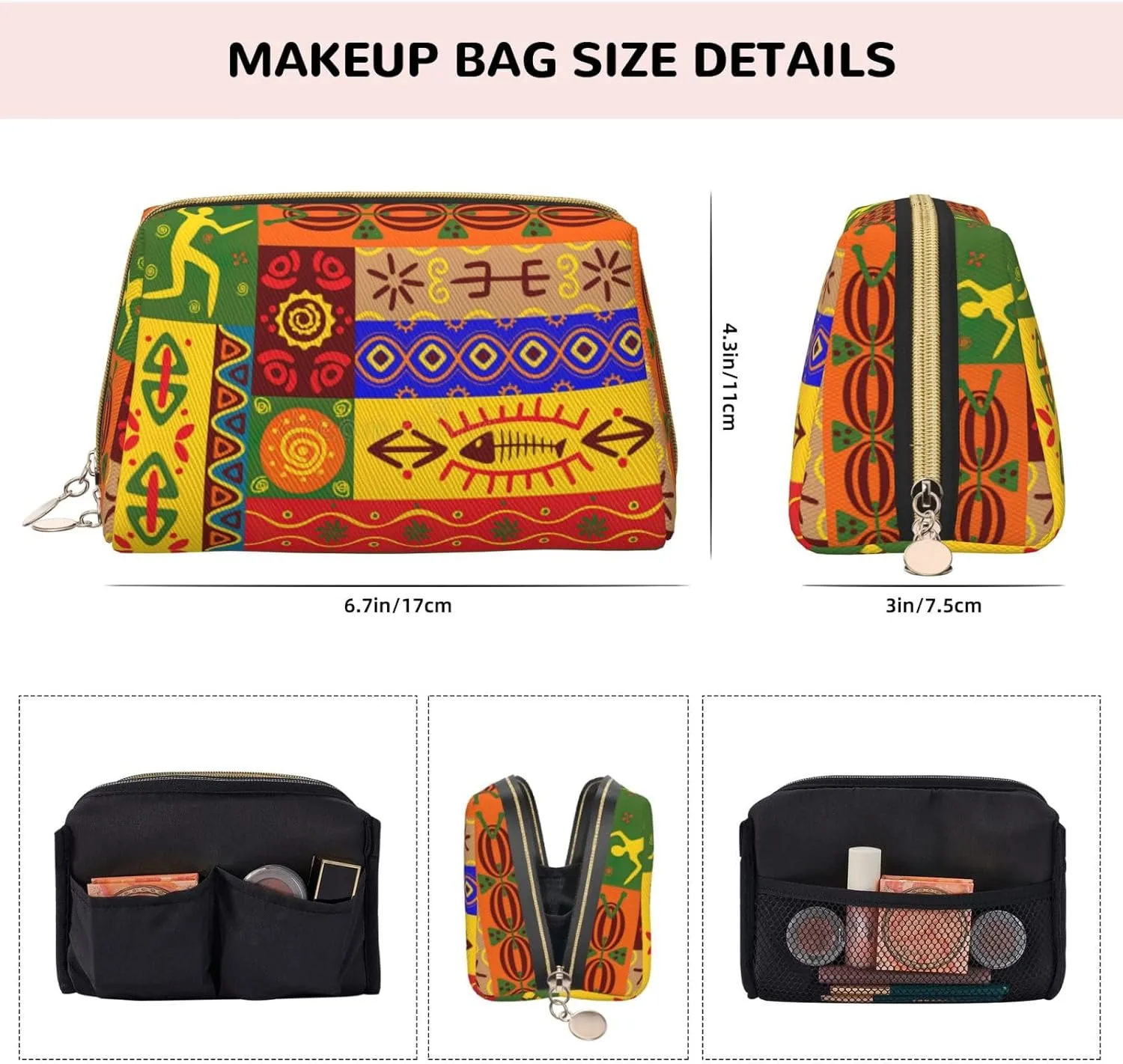 African National Patterns Print Cosmetic Bags,Leather Makeup Bag Small For Purse,Cosmetic Pouch,Toiletry Clutch For Women Travel