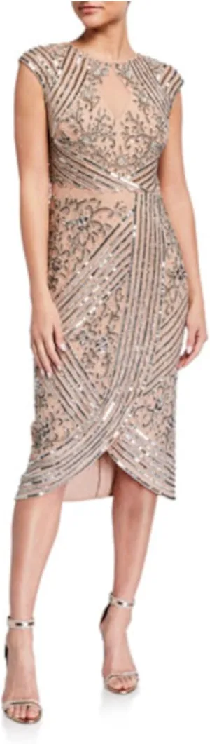 Aidan Mattox Womens Silver Embellished Zippered Faux-wrap Skirt Hi-lo Hem Lined Cap Sleeve Crew Neck Below The Knee Cocktail Sheath Dress 4